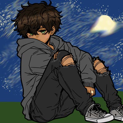 a male hoddie ripped jeans messy hair anime