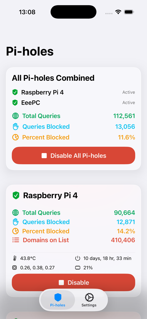 Pi Stats Mobile - Panel de la aplicación Pi Stats Mobile mostrando estadísticas de red y monitorización de hardware para Raspberry Pi