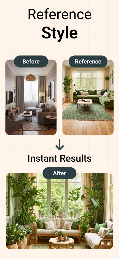 Application de design d'intérieur par IA montrant une transformation de pièce d'une photo avant vers un résultat après basé sur un style de référence