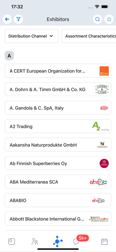 List of exhibitors in the BIOFACH 2025 mobile app featuring logos and search filters