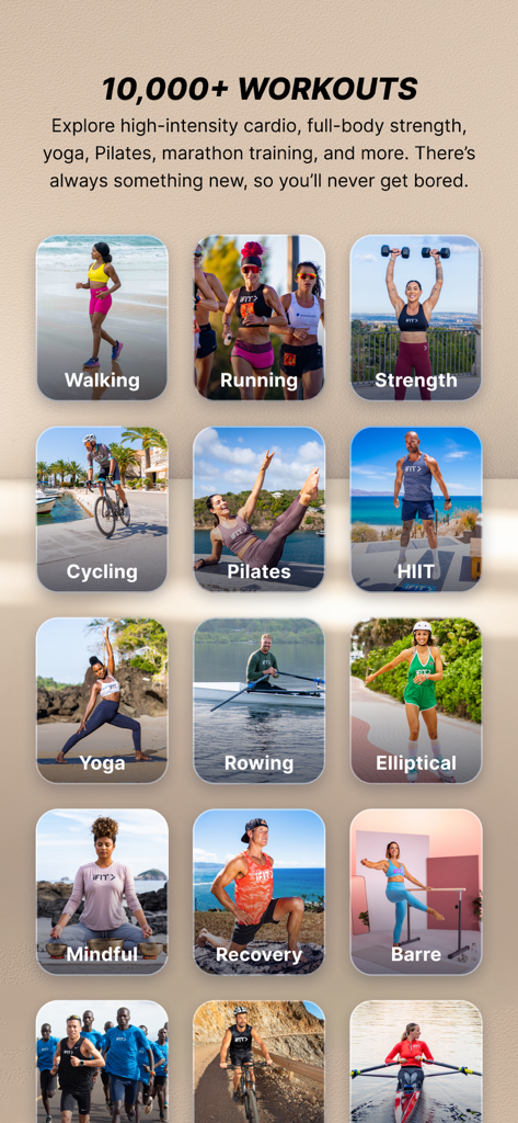 Eine Anzeige von über 10.000 iFIT-Workouts in Kategorien wie Laufen, Radfahren, Krafttraining und Yoga.