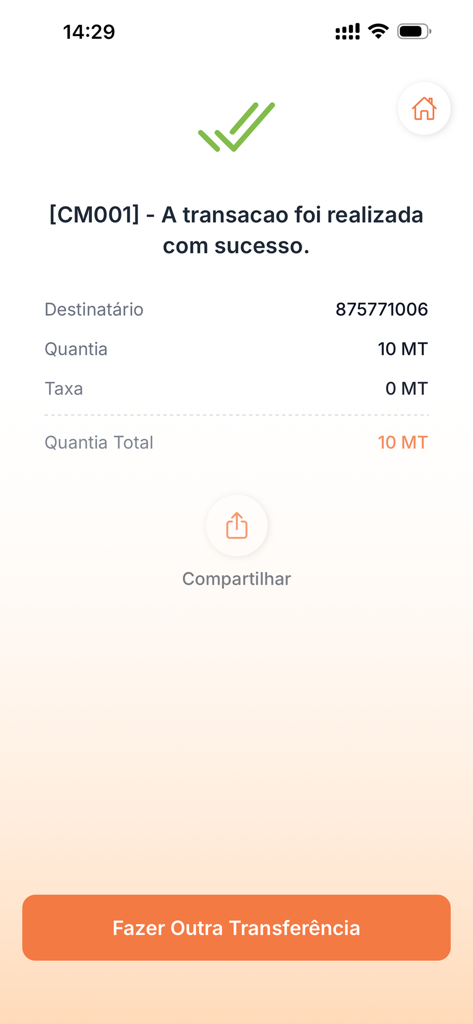 e-Mola mobile app screen confirming a successful money transfer with details on recipient and amount.