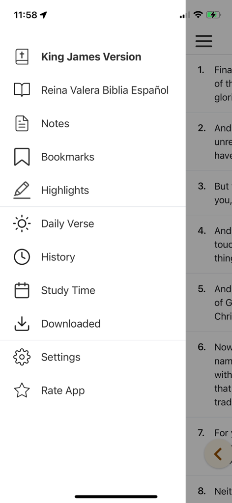 Bible Offline 365 Daily Prayer - Menú de navegación de la aplicación Biblia sin conexión 365 con traducciones King James Version y Reina Valera