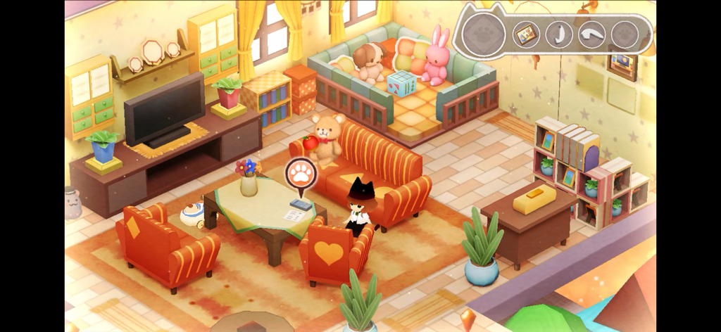 Escape game:Stray Cat Doors 3 - Una chica con sombrero de gato negro explorando una acogedora sala de estar con luz suave en el juego Stray Cat Doors 3.