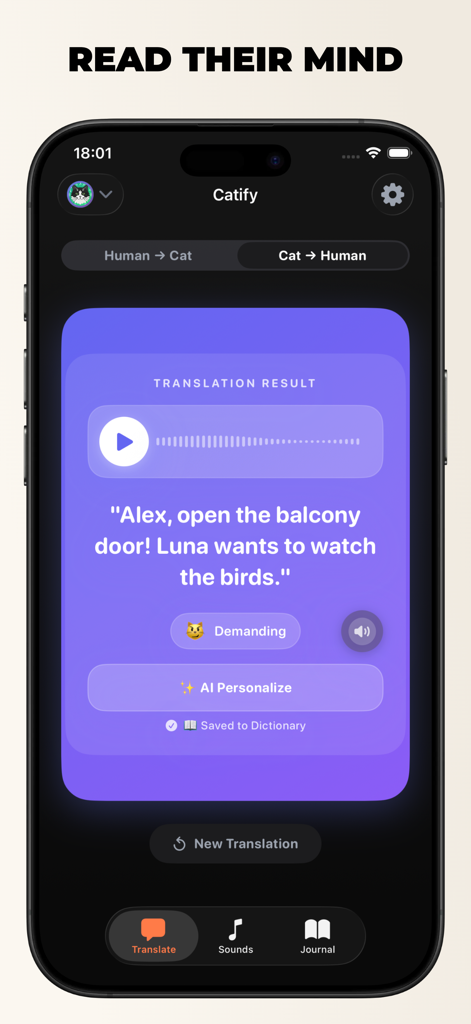 Smartphone screenshot of the Catify app showing a cat to human translation result on a dark interface