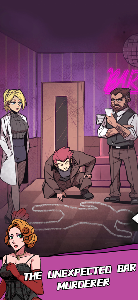 A murder mystery puzzle scene in Brain Baits titled The Unexpected Bar Murderer.