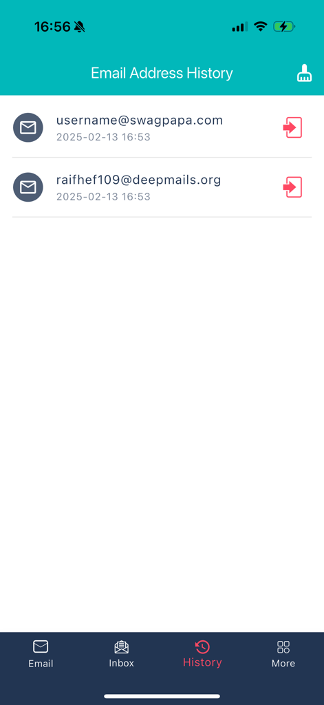 MailTicking - Temp Mail - A list of previously generated temporary email addresses shown in the MailTicking app history screen