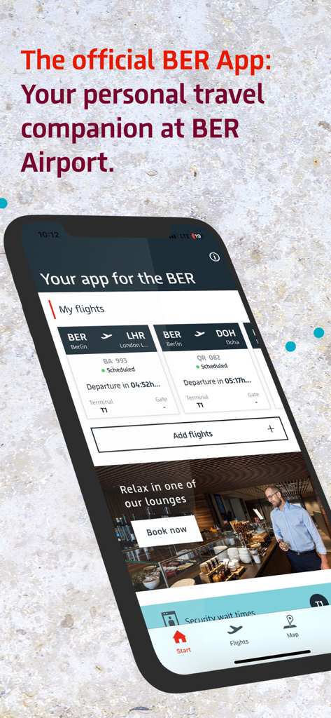 Offizielle BER Airport App-Oberfläche auf einem Smartphone mit Flugplänen und Lounge-Buchungsoptionen
