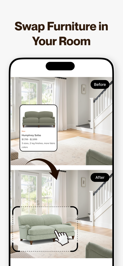 AI Home Design: Decofy - Before and after comparison showing how to swap a sofa in a living room using AI design
