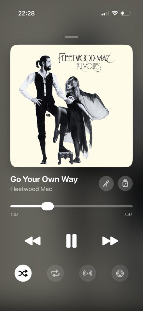 Real Shuffle Music - Real Shuffle Music app playing Go Your Own Way by Fleetwood Mac on an iPhone with true shuffle enabled