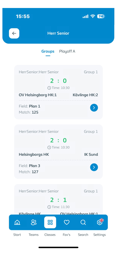 Uma captura de tela do aplicativo Procup mostrando resultados de partidas de grupo, incluindo placares, números de campo e horários de jogos