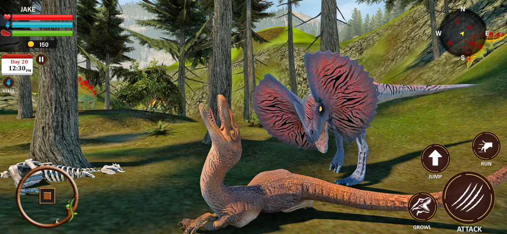Wild Dinosaur Survival Sim 3D - 3D dinosaur survival gameplay showing a Dilophosaurus in a prehistoric jungle combat.