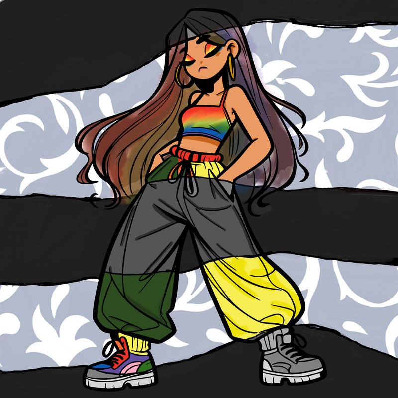 girl in baggy pants crop top and long hair