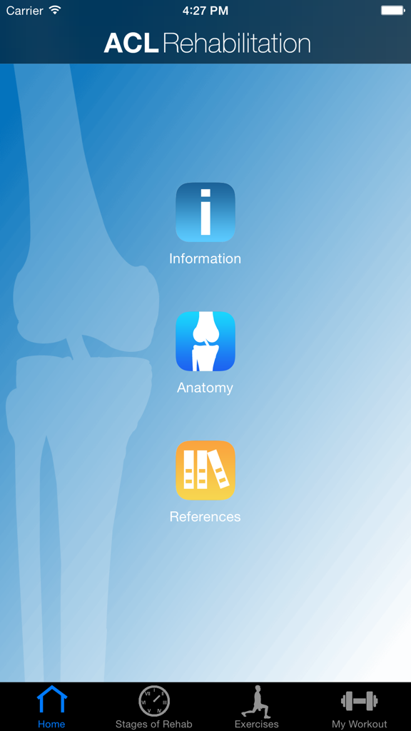 ACL Rehabilitation mobile app home screen with icons for information anatomy and references