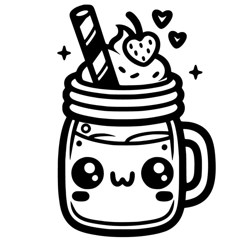kawaii milkshake in a mason jar mug , black thin lines, no shadding,