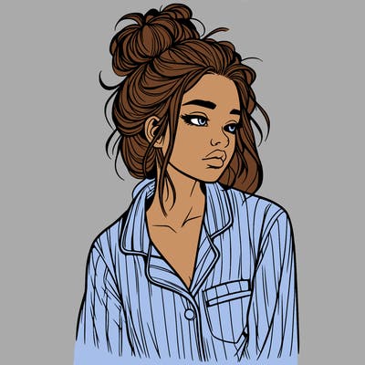 realistic woman with pajamas on and a messy bun
