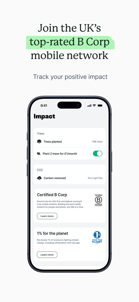 Honest Mobile app dashboard tracking environmental impact including trees planted and carbon removed.