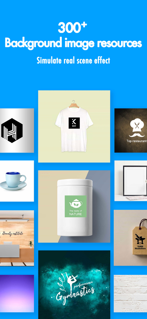 Logo Maker & graphic design - Ejemplos de diseños de logos profesionales en productos del mundo real como camisetas y empaques de productos.