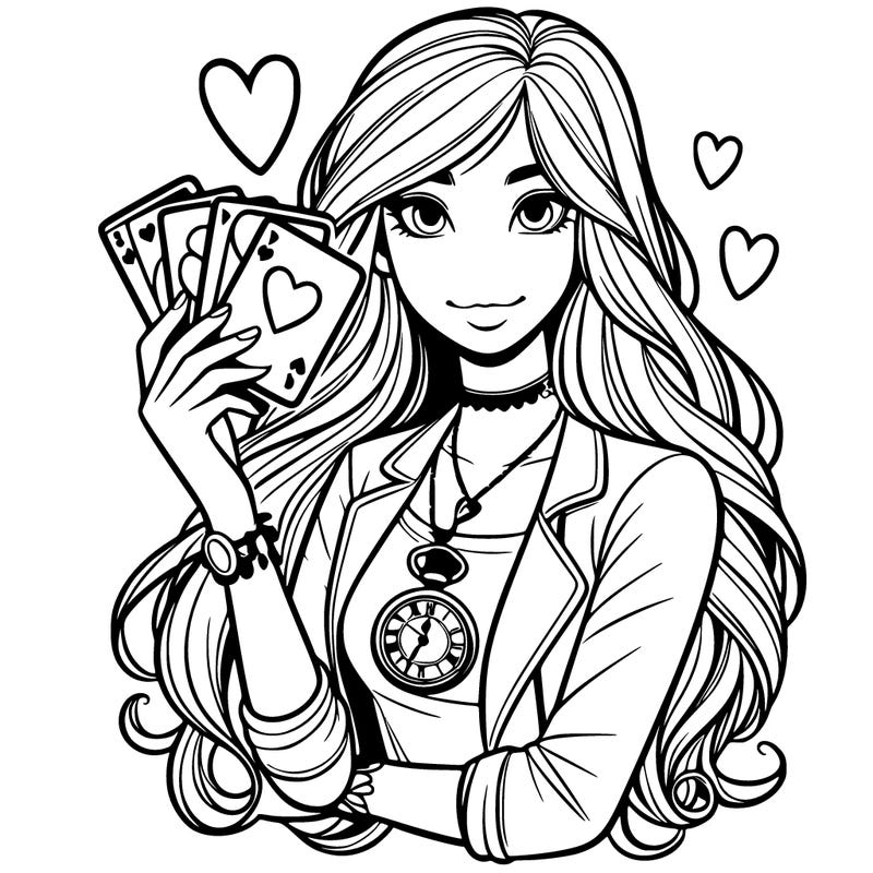 teen girl with deck of heart cards  and long hair with pocket watch