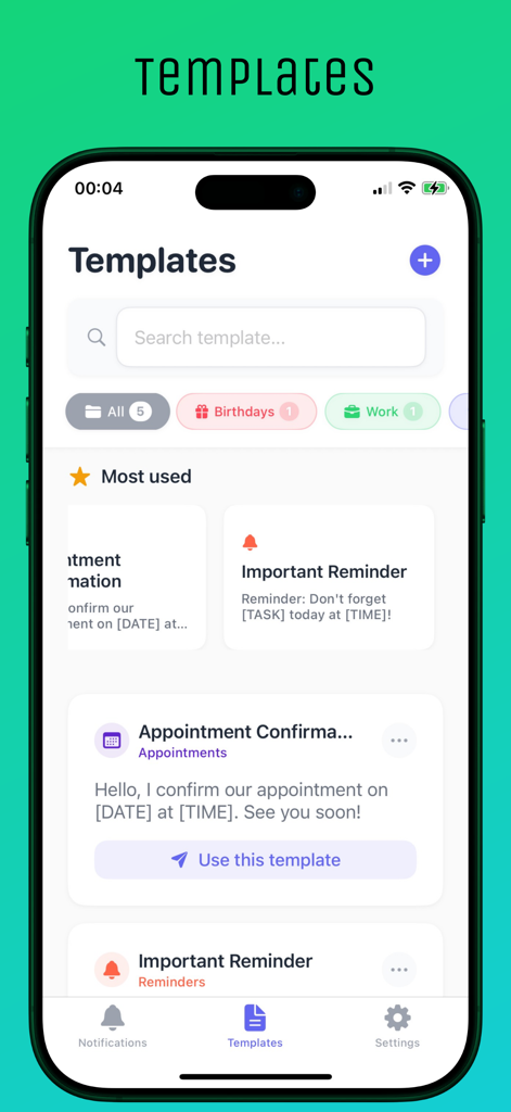 Interface of TextLater app showing message templates for appointment confirmations and reminders.