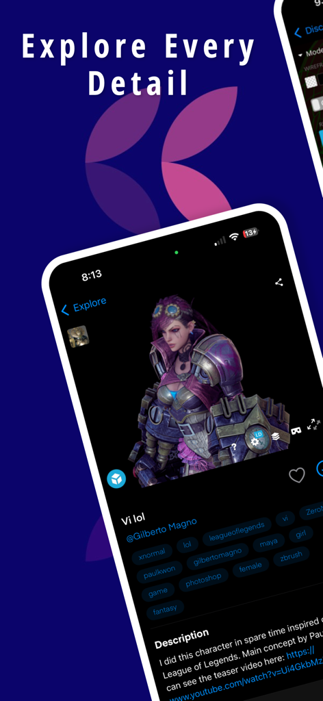 Fab3D mobile app interface displaying a detailed 3D character model with creator tags and description