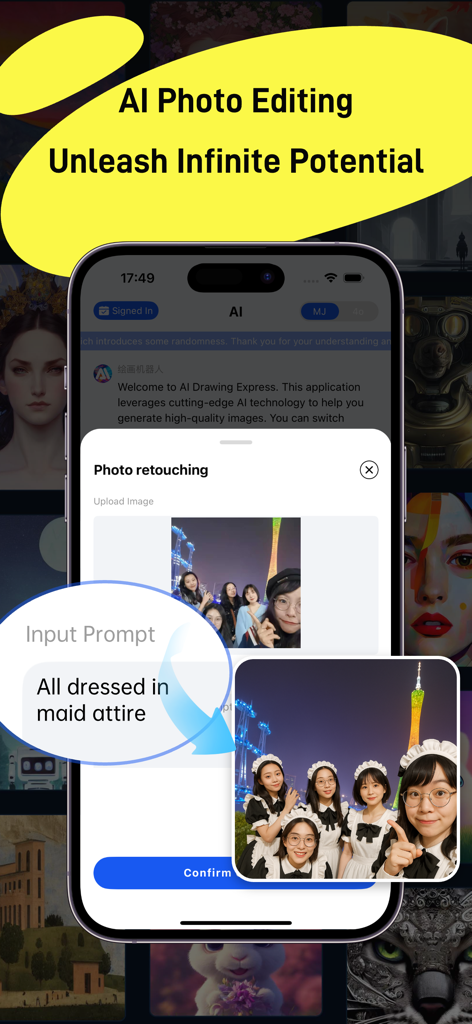 AI Art Generator Image - AI Art Generator app showing the image-to-image feature transforming a group photo based on a text prompt