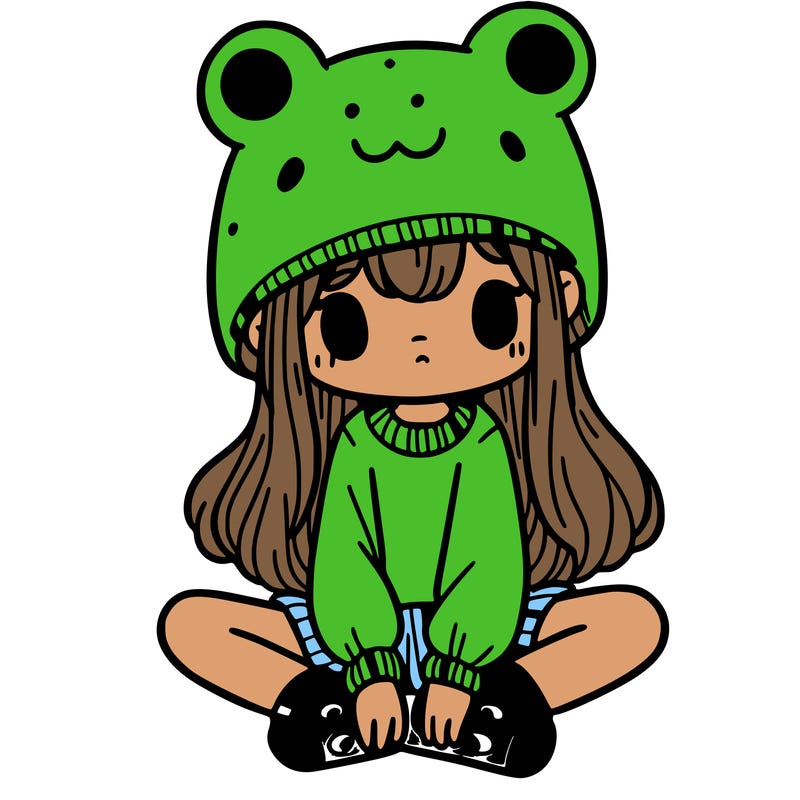 a girl wearing a frog hat and some frog socks