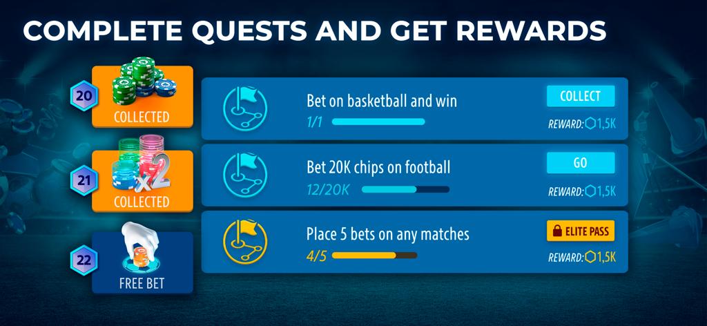 Sportsbook by Pokerist - Interfaz de la aplicación Sportsbook by Pokerist que muestra misiones diarias y recompensas de fichas por apuestas deportivas