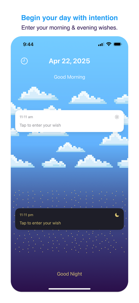 11:11: Make a Wish - The 11:11 app interface for entering morning and evening wishes with a pixel art sky