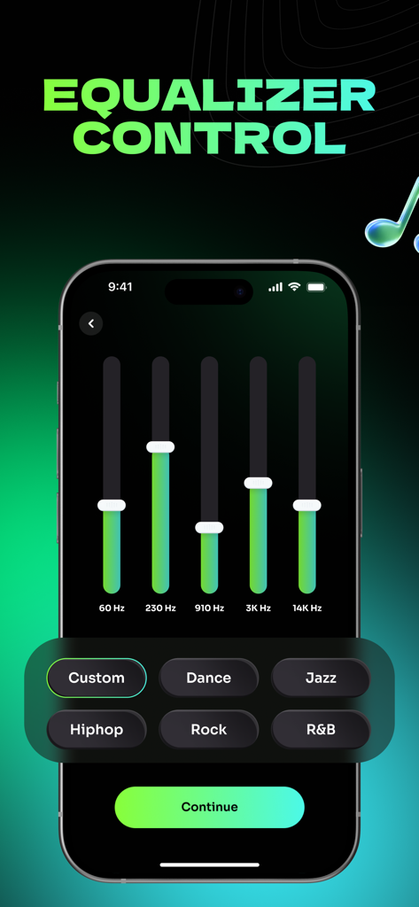 Volume & Bass Booster - Power - Equalizer control screen with frequency sliders and music genre presets in the Power app