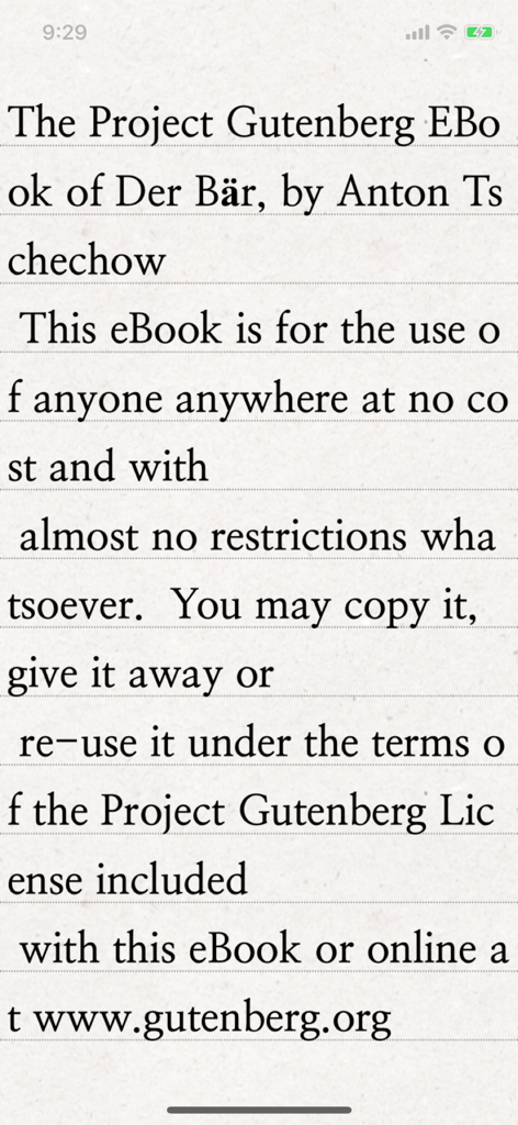 Una pantalla de smartphone mostrando la aplicación Text Viewer con un libro electrónico clásico de Project Gutenberg con tipografía serif clara sobre un fondo de papel texturizado.