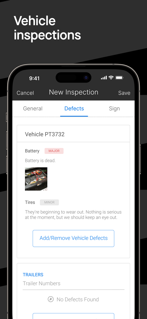 Motive Driver - Motive Driver app interface showing a new vehicle inspection report with major and minor defects listed
