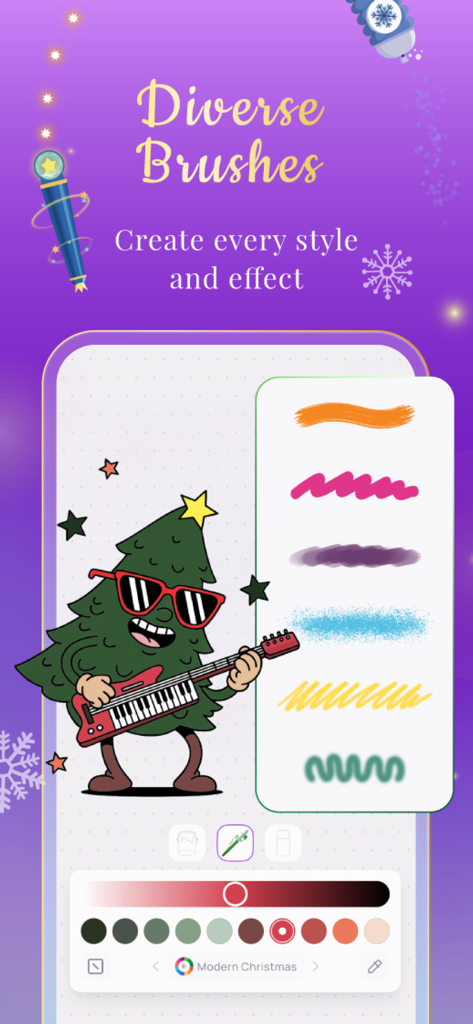 Adult Coloring Book - Artasy - Interfaz de la aplicación Artasy mostrando diversos estilos de pinceles digitales y una ilustración festiva de árbol de Navidad