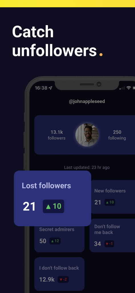 Who Stalks: Unfollower Tracker - Who Stalks app dashboard showing a metric for lost followers on Instagram