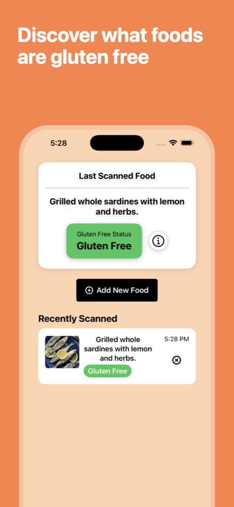 Gluten Free Scanner - GluCheck - GluCheck mobile app interface displaying a gluten-free result for scanned food.