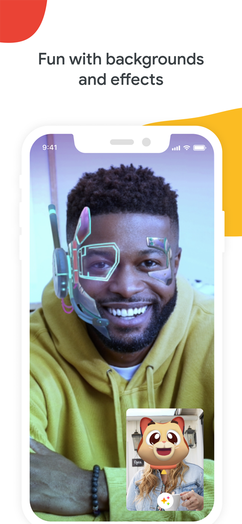 Google Meet video call interface displaying a user with a futuristic AR face filter and a participant with a cat filter.