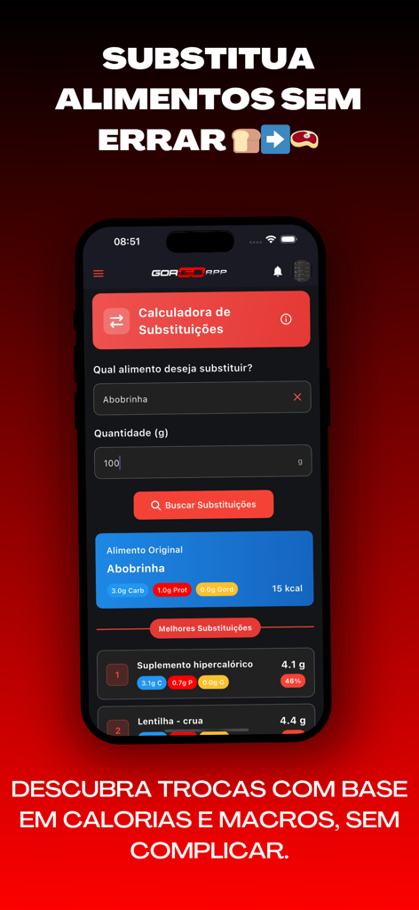 GorgoApp - Interface móvel do GorgoApp mostrando uma calculadora de substituição de alimentos baseada em calorias e macronutrientes.
