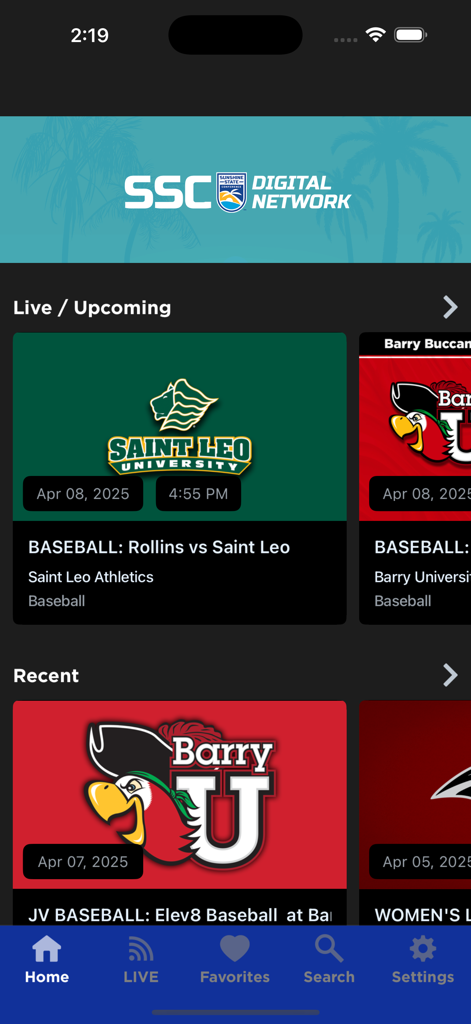 SSC Digital Network - Home screen of the SSC Digital Network app showing live and upcoming sports games.