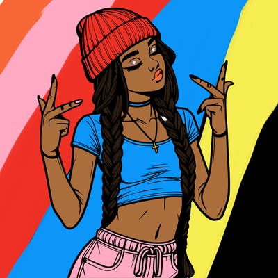 realistic teenage girl with braids and a beanie and crop top doing 🫶🏼