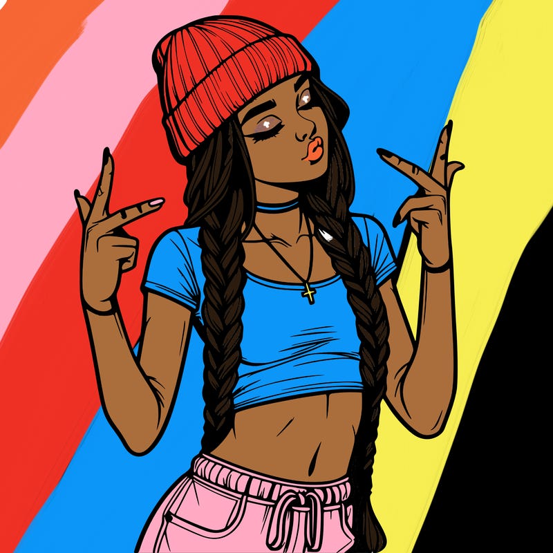 realistic teenage girl with braids and a beanie and crop top doing 🫶🏼