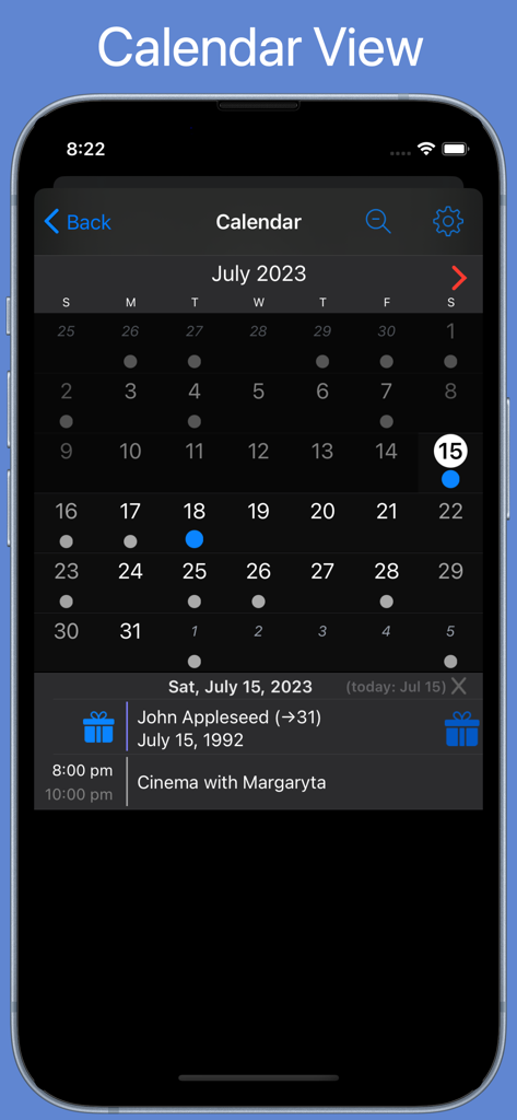BirthdaysPro HD app interface showing a monthly calendar view with scheduled birthdays and events