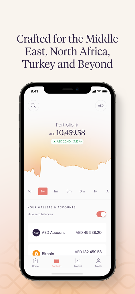Rain app portfolio screen showing bitcoin and AED wallet balances with a performance graph