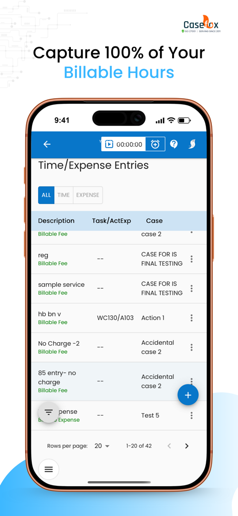 CaseFox - Interfaz de la aplicación móvil CaseFox mostrando entradas de tiempo y gastos para rastrear horas facturables legales.