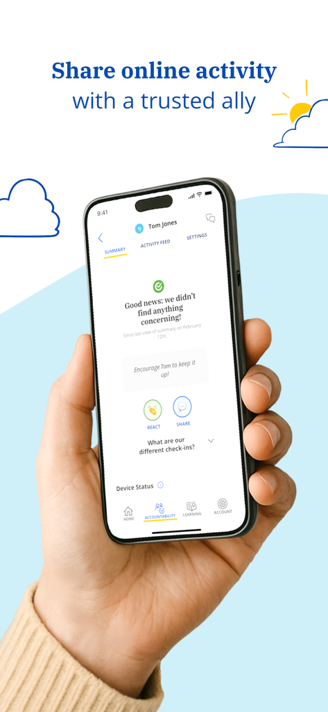 A hand holding a smartphone showing the Victory app accountability screen with a message saying no concerning activity was found.