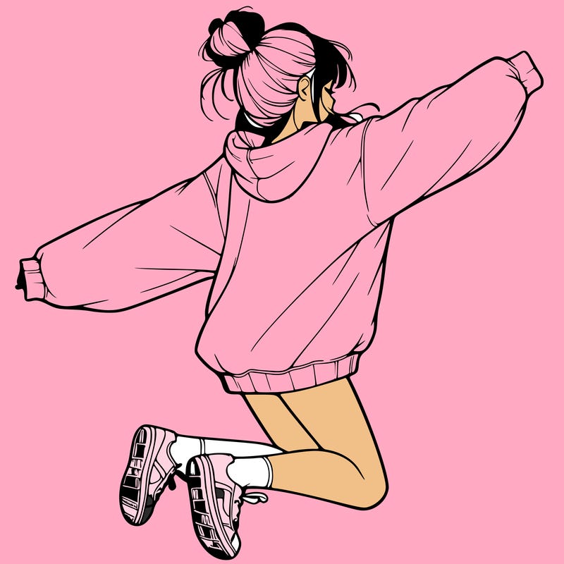 realistic girl jumping with a bun and oversized sweatshirt
