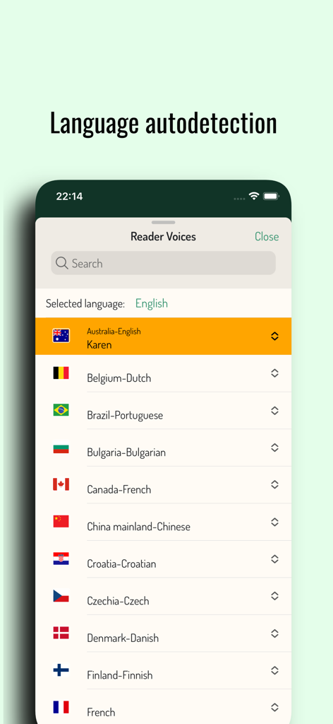 Narro Reader - Narro Reader app screen displaying a list of international text to speech voices and language options with flag icons.