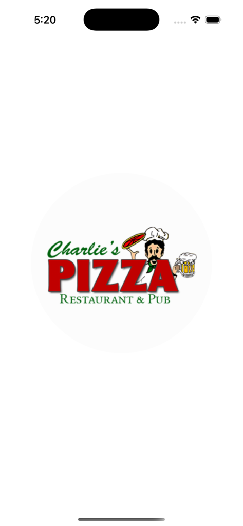 Charlie's PIZZA Restaurant - Splash screen of the Charlie's Pizza Restaurant app featuring the company logo with a cartoon chef.