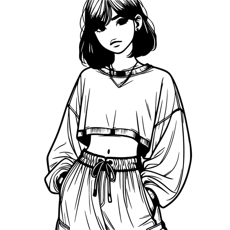 realistic girl crop top long sleeve baggy pants