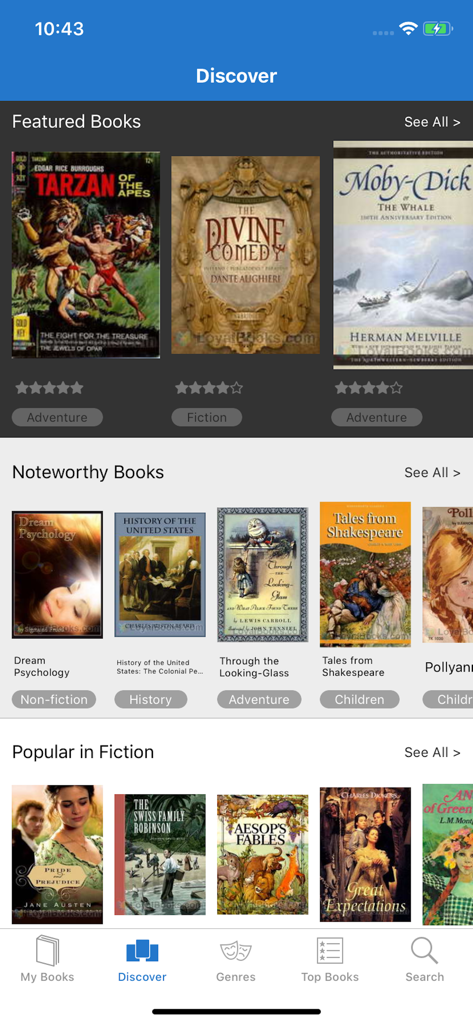Loyal Books - Loyal Books app interface showing the Discover screen with various classic book titles and covers.
