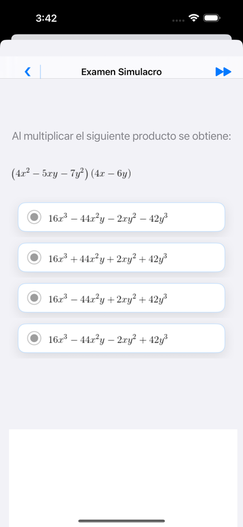Mi guia UNAM PRO - Problema di algebra nella sezione di simulazione d'esame dell'app Mi Guia UNAM PRO